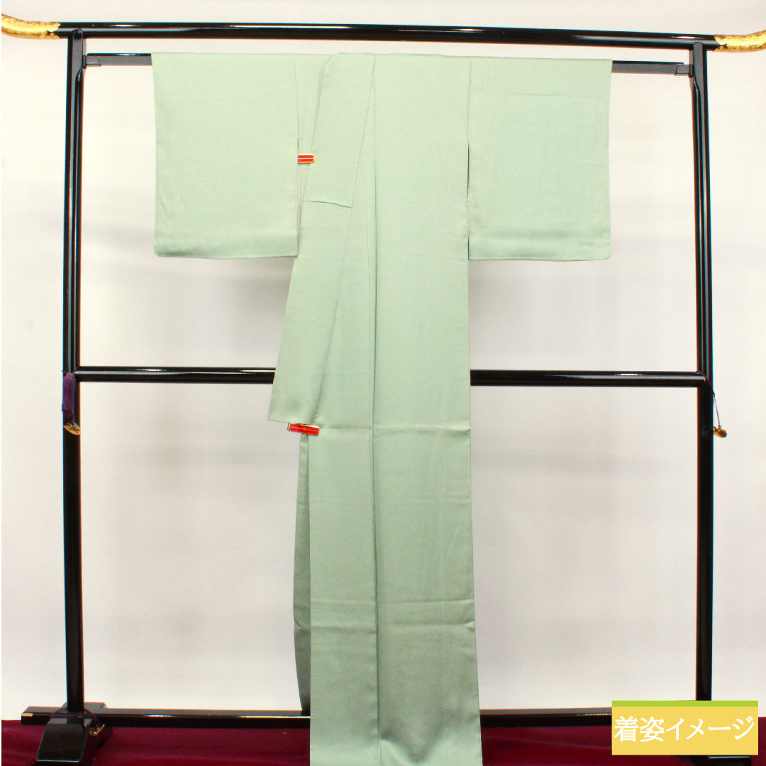 Plain color, pure silk, length 166.5cm, sleeve length 65.5cm, white-green, one pull within a snowflake, by Tatsuo Hyakukan, Kaga Yuzen artist, lined, S rank, green, 1114001142519