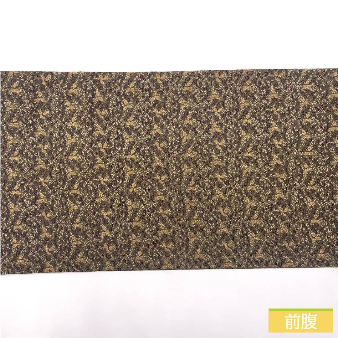 袋帯 正絹 媚茶色（こびちゃいろ） 丸帯 花唐草 帯丈404cm Sランク 全通 カジュアル 緑系 1123012442319