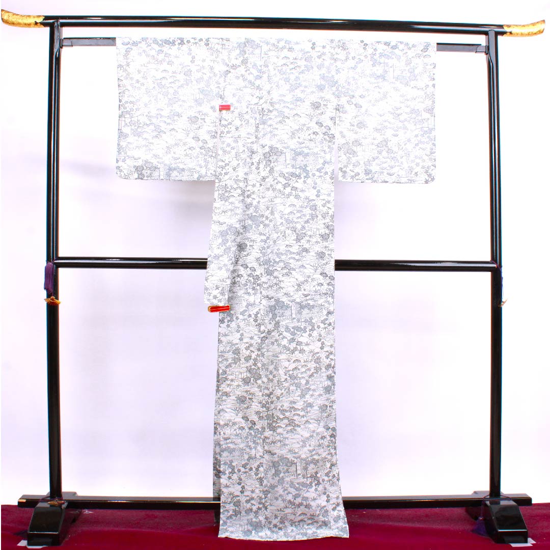 夏物 ポリエステル 小紋 身丈168.5cm 裄丈67.5cm 白色 茶屋辻 松竹梅 流水 絽 Aランク 白系 1132000023511