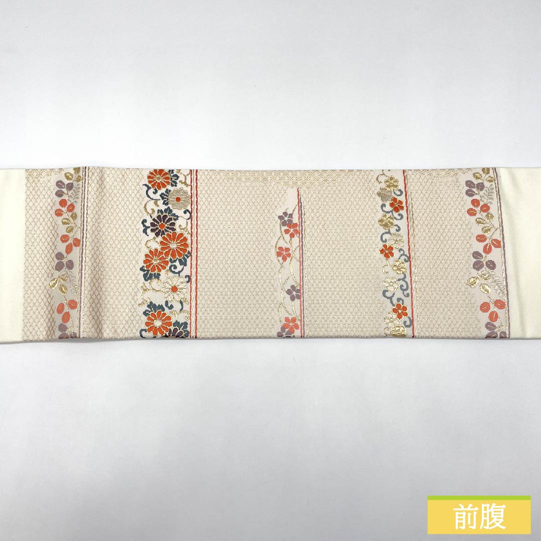 名古屋帯 正絹 Bランク 胡粉色（ごふんいろ） 唐花 横段 帯丈358cm ポイント柄 セミフォーマル 白系 1124009604311 名古屋仕立て