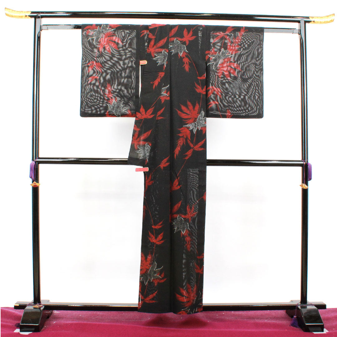 夏物 正絹 小紋 身丈156.5cm 裄丈62cm  抽象模様 紗 Aランク 黒系 1132001083310