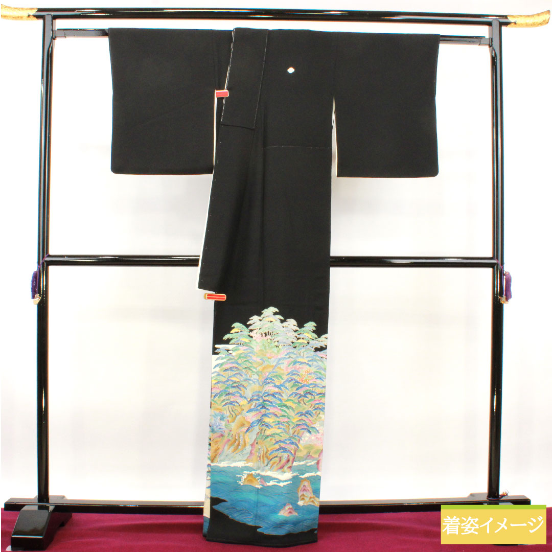 黒留袖 正絹 身丈165cm 裄丈66cm 袷  京加賀 吉祥文様 五つ紋 木瓜 Sランク 五つ紋 黒系 1111001242510