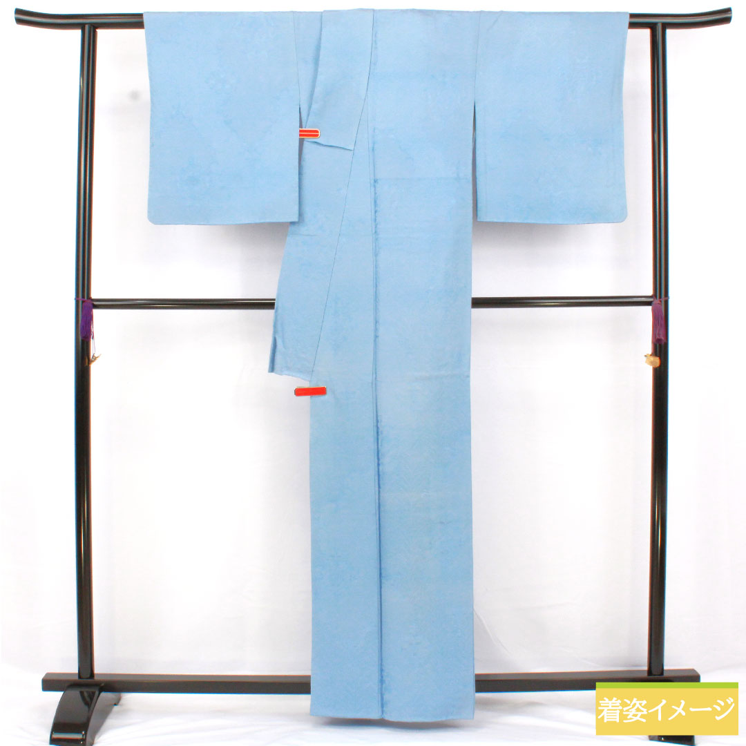 色無地 正絹 身丈162cm 裄丈66.5cm 勿忘草色（わすれなぐさいろ） 一つ紋 梅鉢 袷 Aランク 水色系 1114001943424