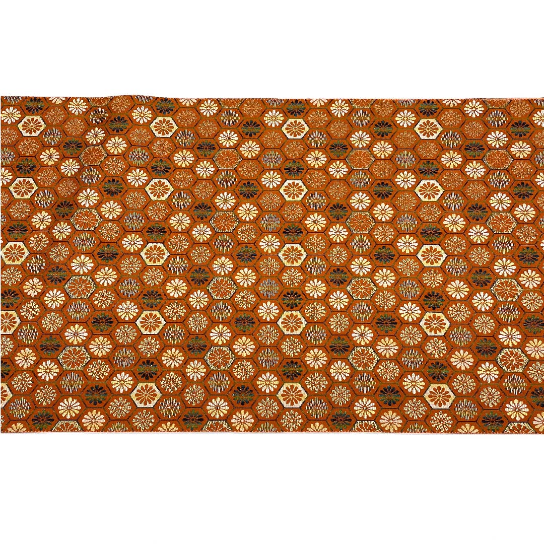 （未仕立）袋帯 赭色（そおいろ） 亀甲 菊 帯丈464cm 正絹 Aランク 全通 セミフォーマル 茶系 1123006573414