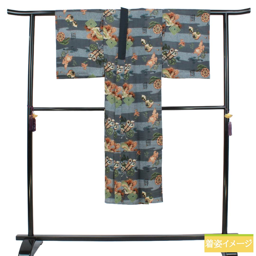 メンズ襦袢 ウール Sランク 身丈130.5cm 裄丈65cm 唐獅子 瓢箪 吉祥文様 身上げあり 単衣 グレー系 1140000782322