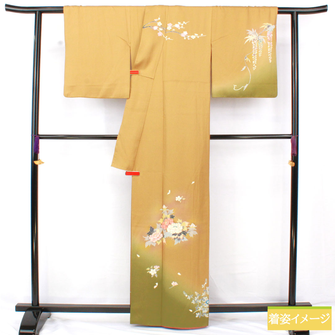 訪問着 正絹 袷 身丈163.5cm 裄丈63.5cm 黄土色（おうどいろ） 京友禅 草花模様 Aランク 黄系 1112005683423