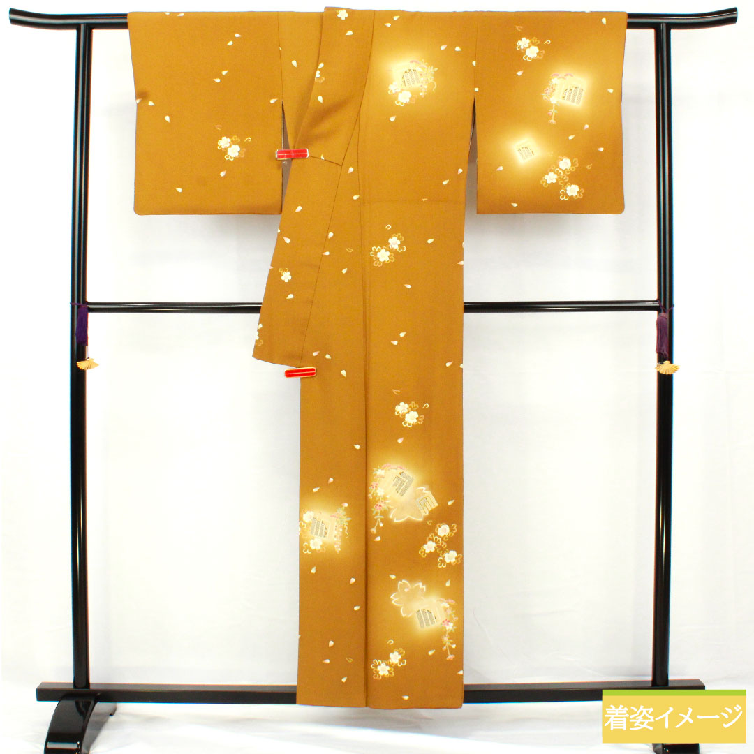 訪問着 正絹 袷 身丈156cm 裄丈66.5cm 木蘭色（もくらんじき） 桜 源氏香 パールトーン加工 Aランク 黄系 1112005433323