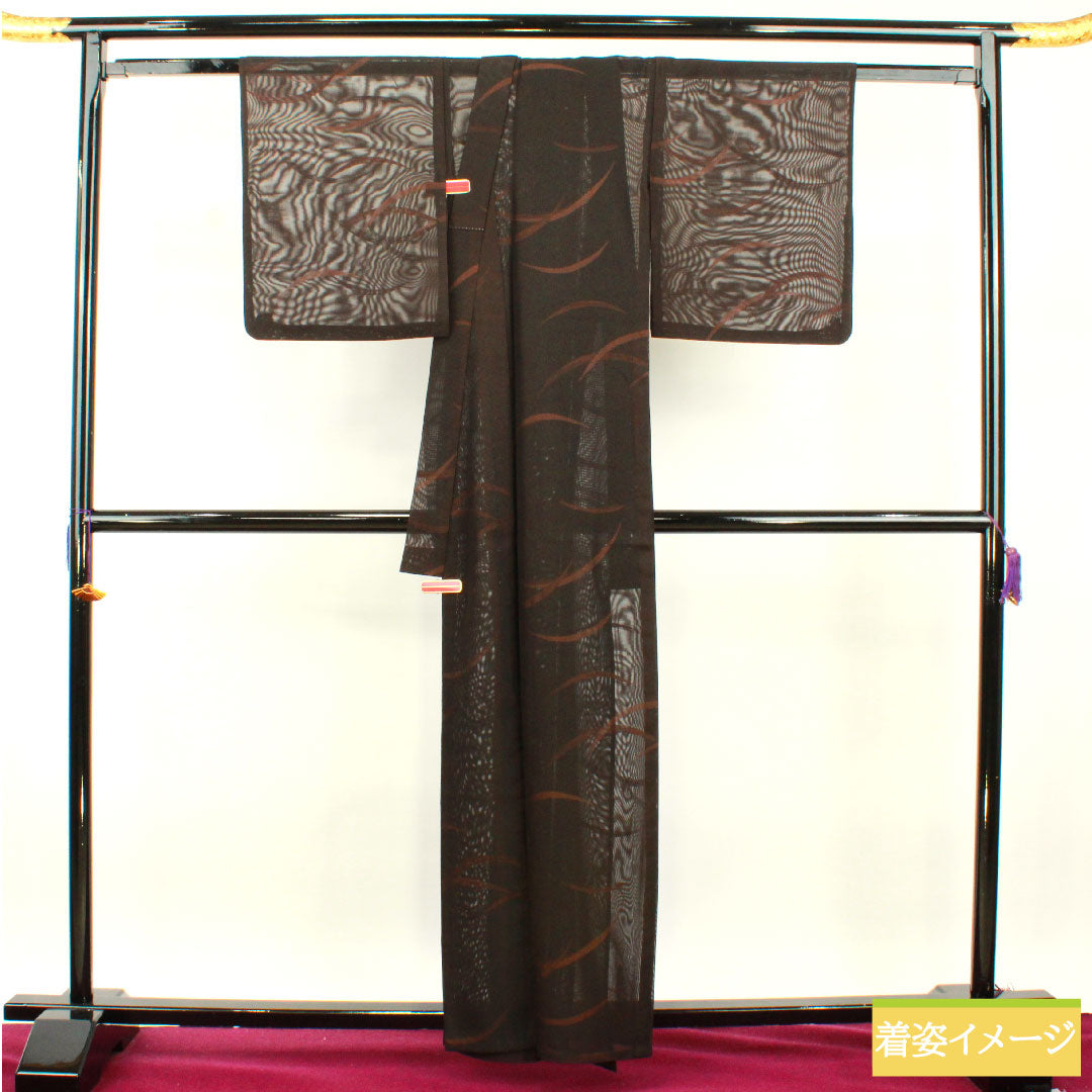 Summer pure silk komon length 161cm sleeve length 65.5cm reddish black (akaguroiro) monsha (monsha), tsuyukusa (dayflower) gauze, S rank, brown 1132001892414