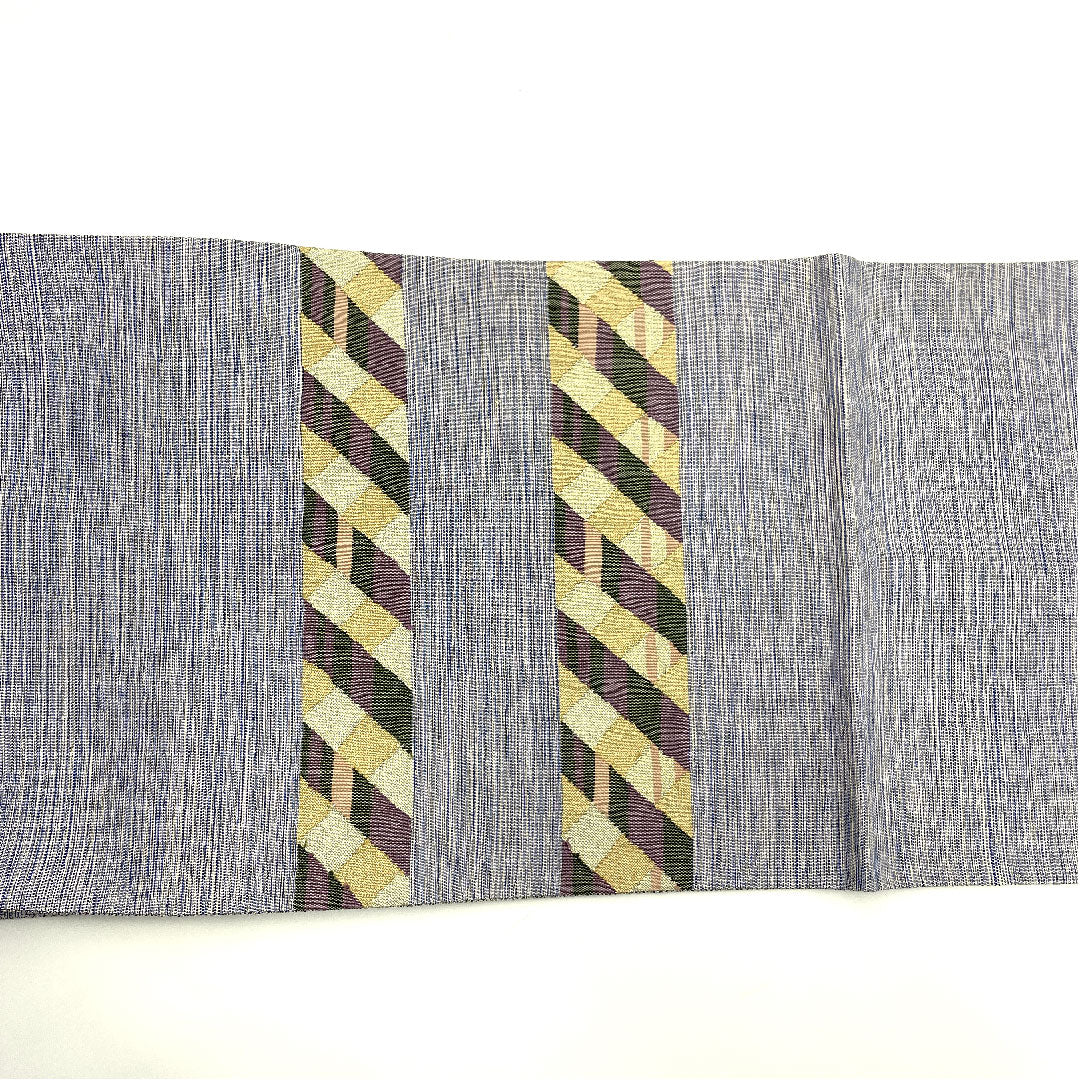 袋帯 横段 幾何学模様 帯丈454cm 正絹 Sランク ポイント柄 カジュアル 青系 1123003872417