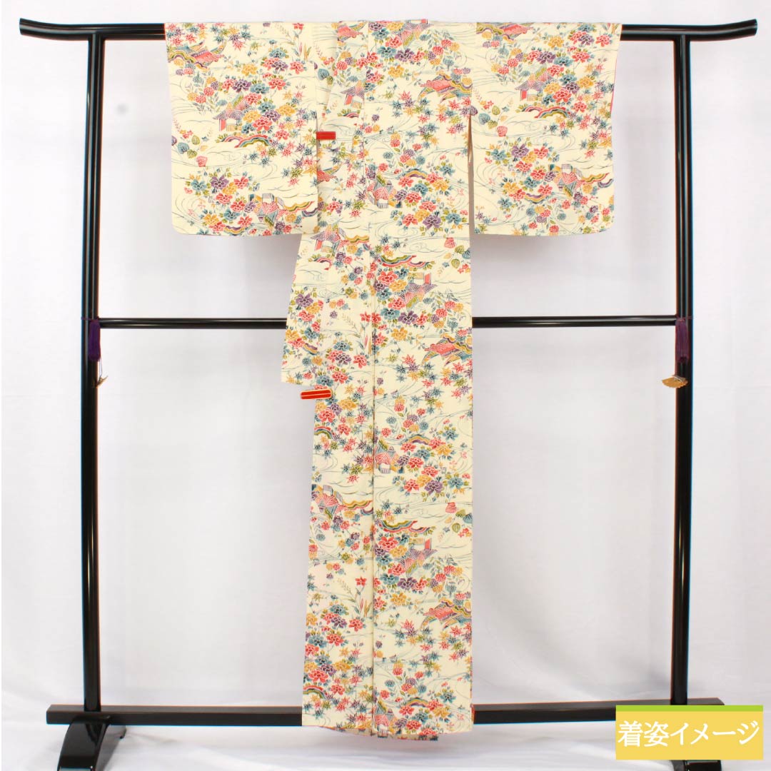 小紋 正絹 身丈158.5cm 裄丈64cm 袷 練色（ねりいろ） 型染 紅型調 茶屋辻 Aランク クリーム系 1115005103315