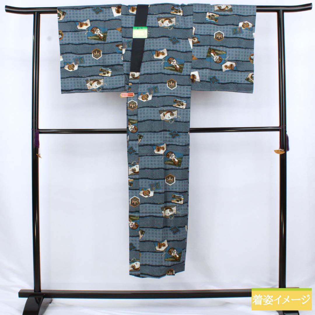 Men's wool nagajuban (long under-kimono), S-rank, length 143.5cm, sleeve length 68cm, Minato Nezuiro (minato gray) color, featuring a treasure ship, Daruma, and king motifs, single-layer, blue-based design, product number 1140000592417