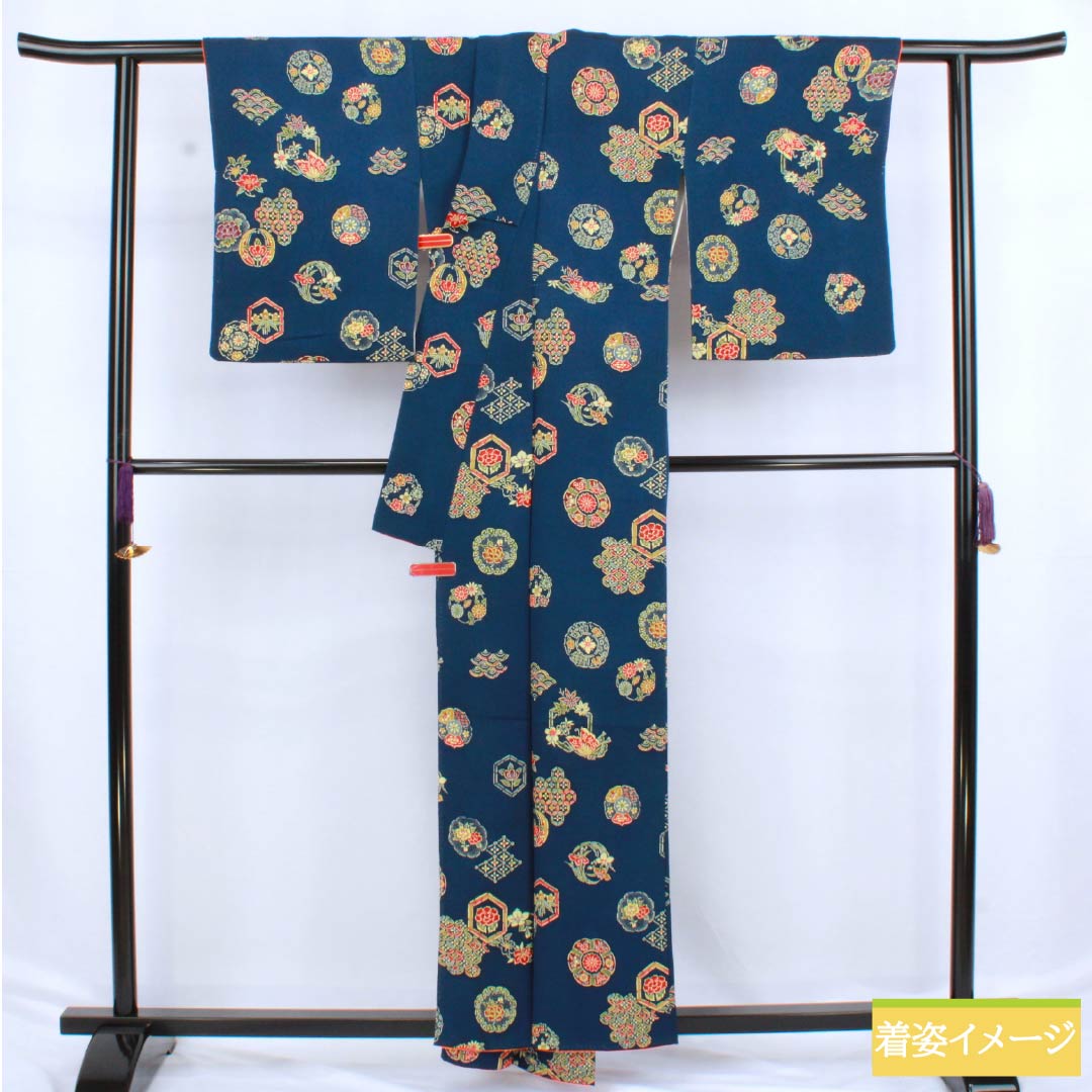Komon (small pattern) silk, A-rank, length 157.5cm, sleeve length 63cm, lined, iron grape color, stencil dyeing, classic pattern, navy blue, 1115006543318