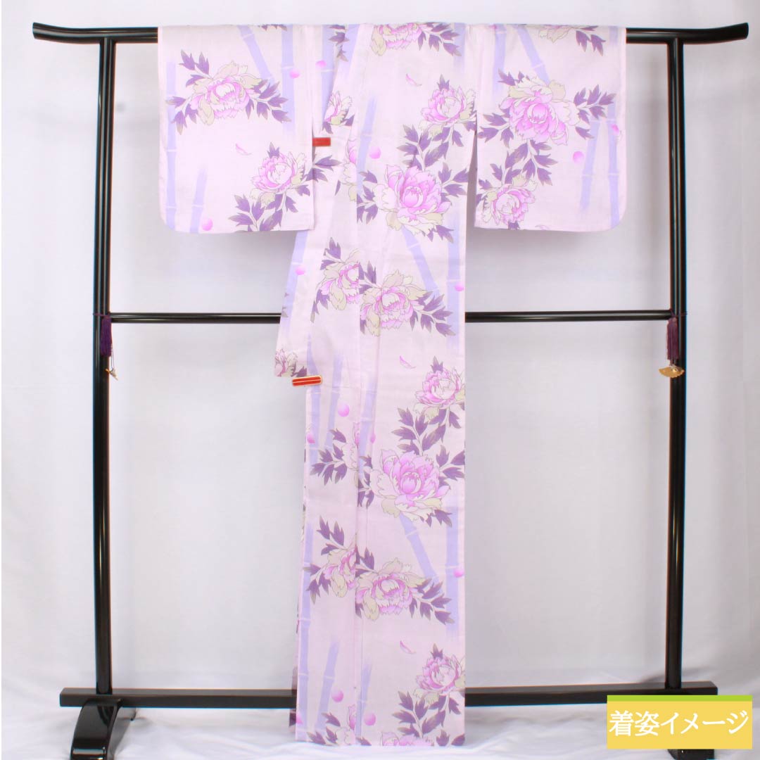 浴衣 木綿 身丈166cm 裄丈67.5cm Aランク 単衣 紫系 淡藤色（うすふじいろ） 牡丹 竹 1118006053520