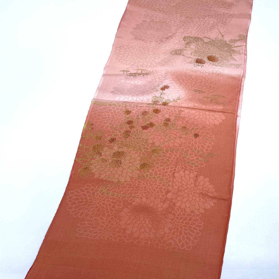 帯揚げ 正絹 Sランク セミフォーマル 珊瑚色（さんごいろ） 曙色（あけぼのいろ） 菊  長さ約171cm 幅約30cm ピンク系 1136002352913
