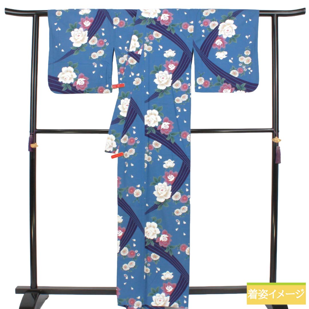 浴衣 木綿 Sランク 身丈163.5cm 裄丈70cm 勿忘草色（わすれなぐさいろ） 薔薇 単衣 青系 1118007612417