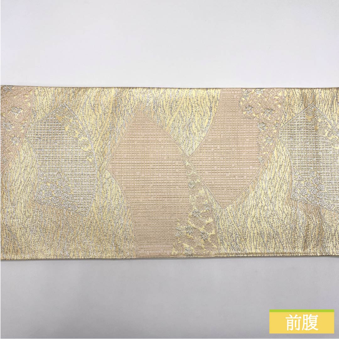 Formal, pure silk obi with a floral fan pattern and autumn leaves, perfect for formal wear with a gold accent. 428cm long, A-rank, six-fold hem. Product number: 1123014223321.