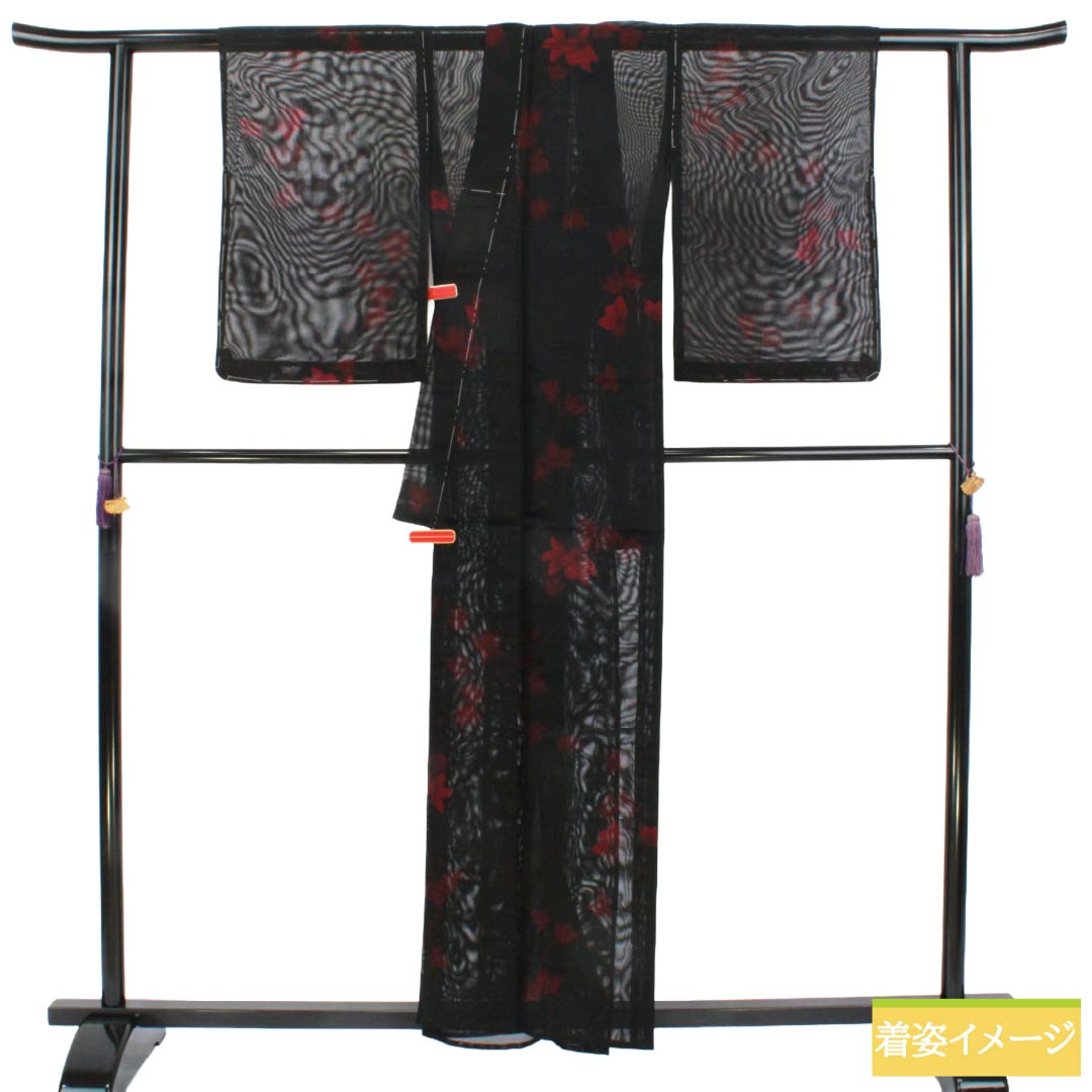 夏物 正絹 お召 Sランク 身丈158cm 裄丈64cm 草花模様 紗 黒系 1132006392310
