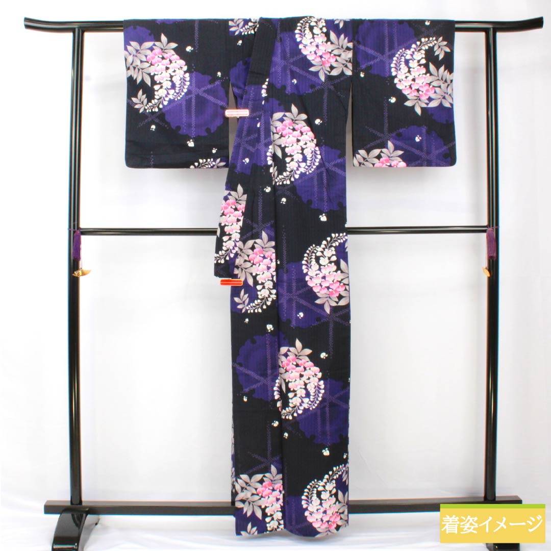 Yukata Cotton Length 161.5cm Sleeve length 66cm S rank Single layer Black Snowflake Wisteria 1118005392410