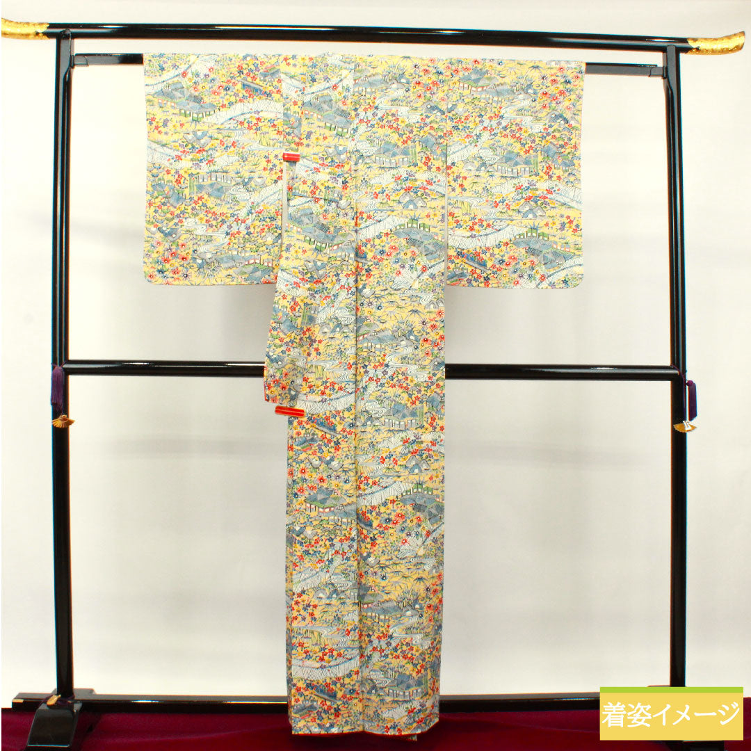 小紋 正絹 身丈158.5cm 裄丈62.5cm 袷  麹色 型染 茶屋辻 しつけ糸付き 未使用品  Sランク 黄系 1115003792323