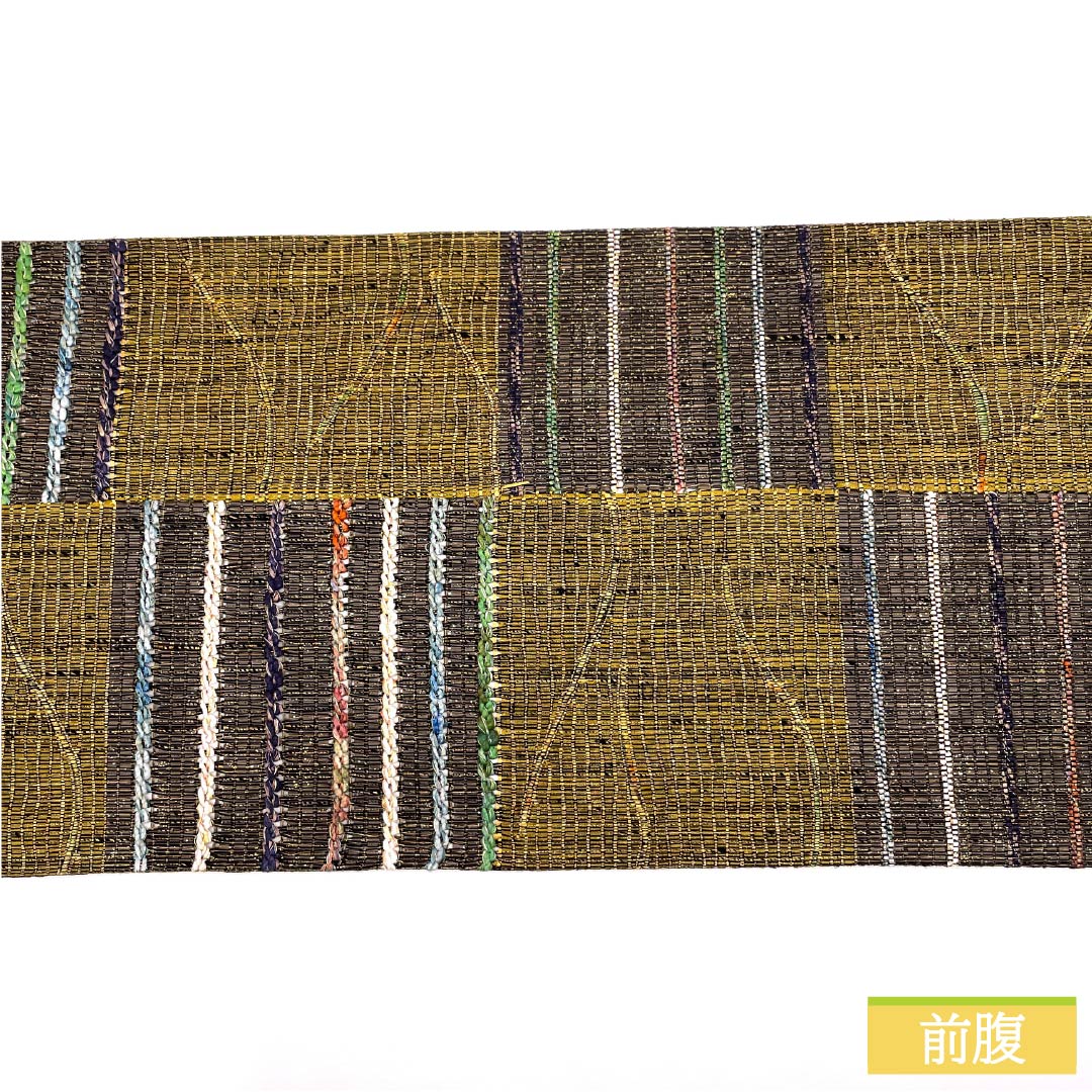 袋帯 正絹 黄橡色（きつるばみいろ） 市松 横縞 帯丈448cm Sランク 六通 カジュアル グラデーション系 1123012492399