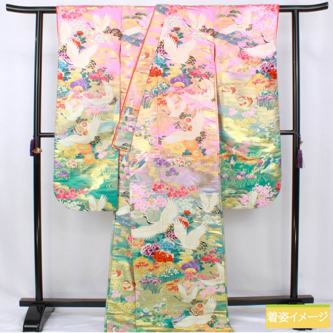 色打掛 正絹 Sランク 身丈196cm 裄丈65cm 唐織 さくら重ね 吉祥文様 鶴 鴛鴦 袷 グラデーション系 1110001092999