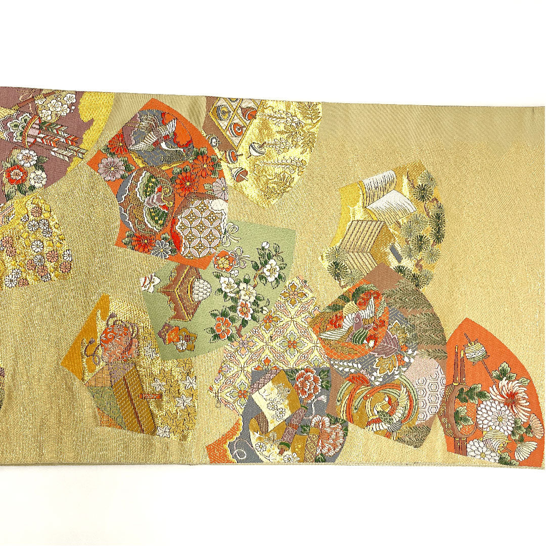 袋帯 吉祥文様 帯丈424cm 正絹 Sランク 六通 フォーマル 金系 1123002682321