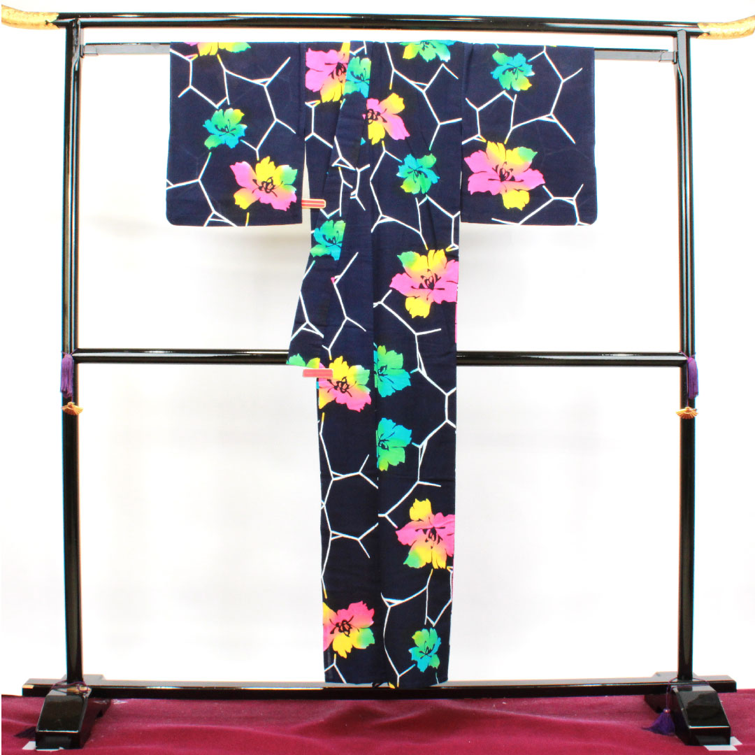 浴衣 濃紺色 抽象花 木綿 Sランク 単衣 身丈152cm 裄丈63.5cm 紺系 1118003392218