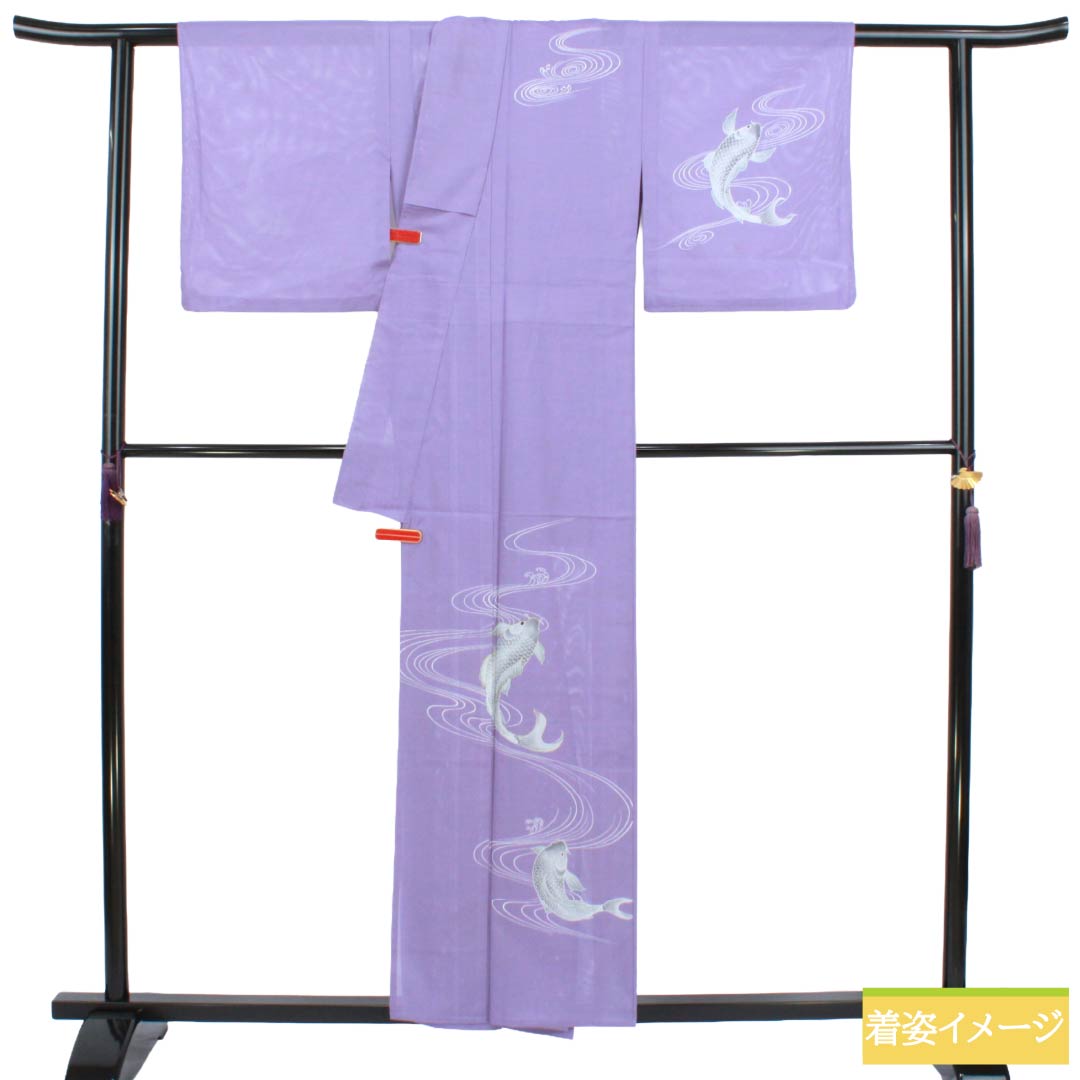 夏物 ポリエステル 訪問着 Bランク 身丈155.5cm 裄丈63cm 紫苑色（しおんいろ） 付下げ 鯉 流水 絽 紫系 1132004474320
