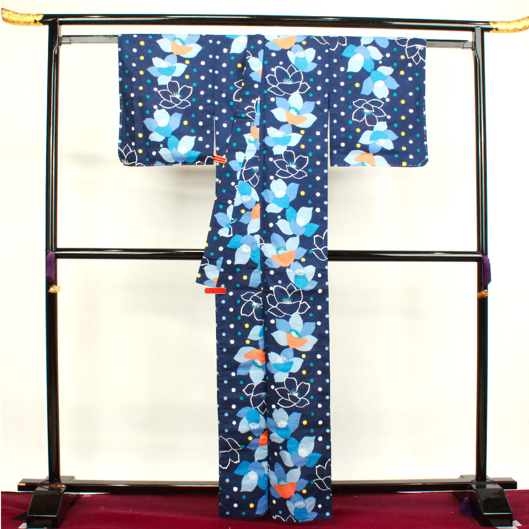 浴衣 MICHIKOLONDON しつけ糸付き 未使用品 濃紺色 山茶花 木綿 Sランク 単衣 身丈163.5cm 裄丈65cm 紺系 1118002602418