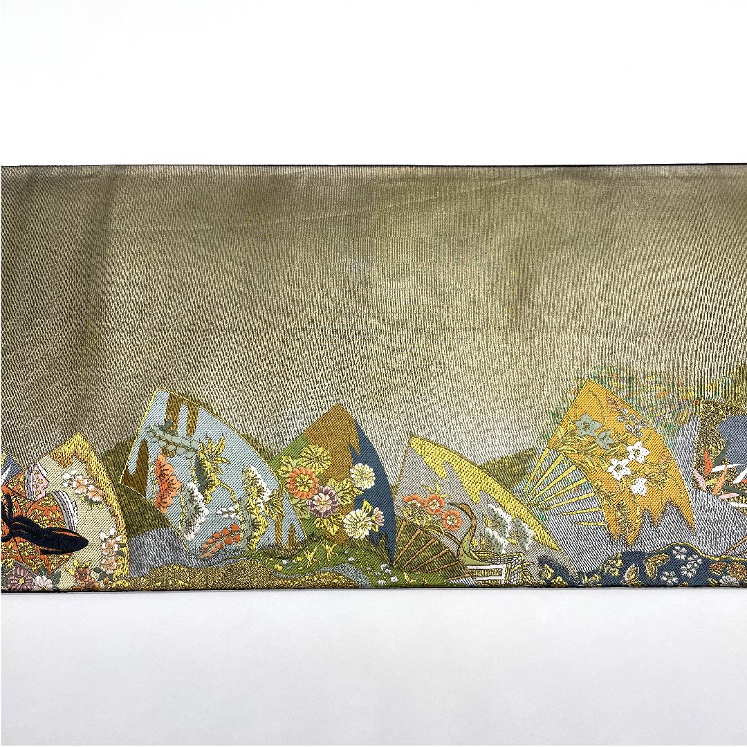 （未仕立）袋帯 紀州茶色（きしゅうちゃいろ） 紫式部 扇 一蔵 帯丈462cm 正絹 Aランク 六通 フォーマル グレー系 1123007943422