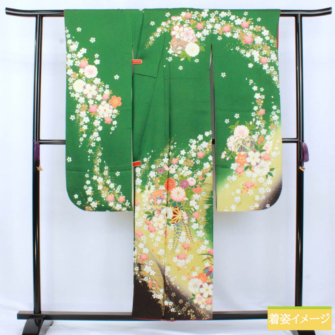 振袖 正絹 Sランク 身丈153cm 裄丈62.5cm 袷 緑茶色（りょくちゃいろ） 京友禅 桜 草花 パールトーン加工 緑系 1113002142219