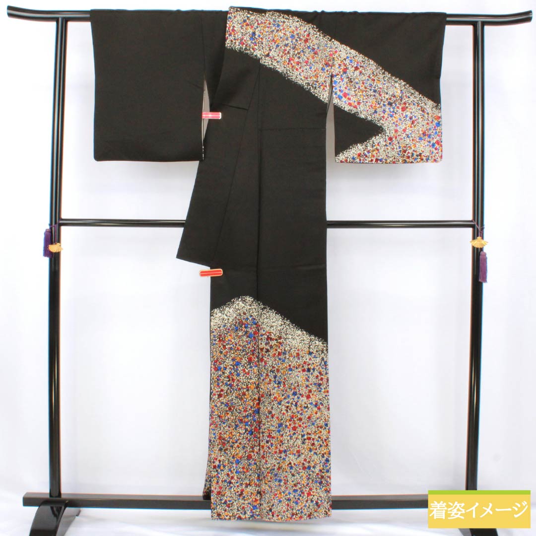 訪問着 正絹 Sランク 袷 身丈157.5cm 裄丈66cm 染色作家 田中文子 重ね衿付き 三松シルクケア 黒系 1112007492310