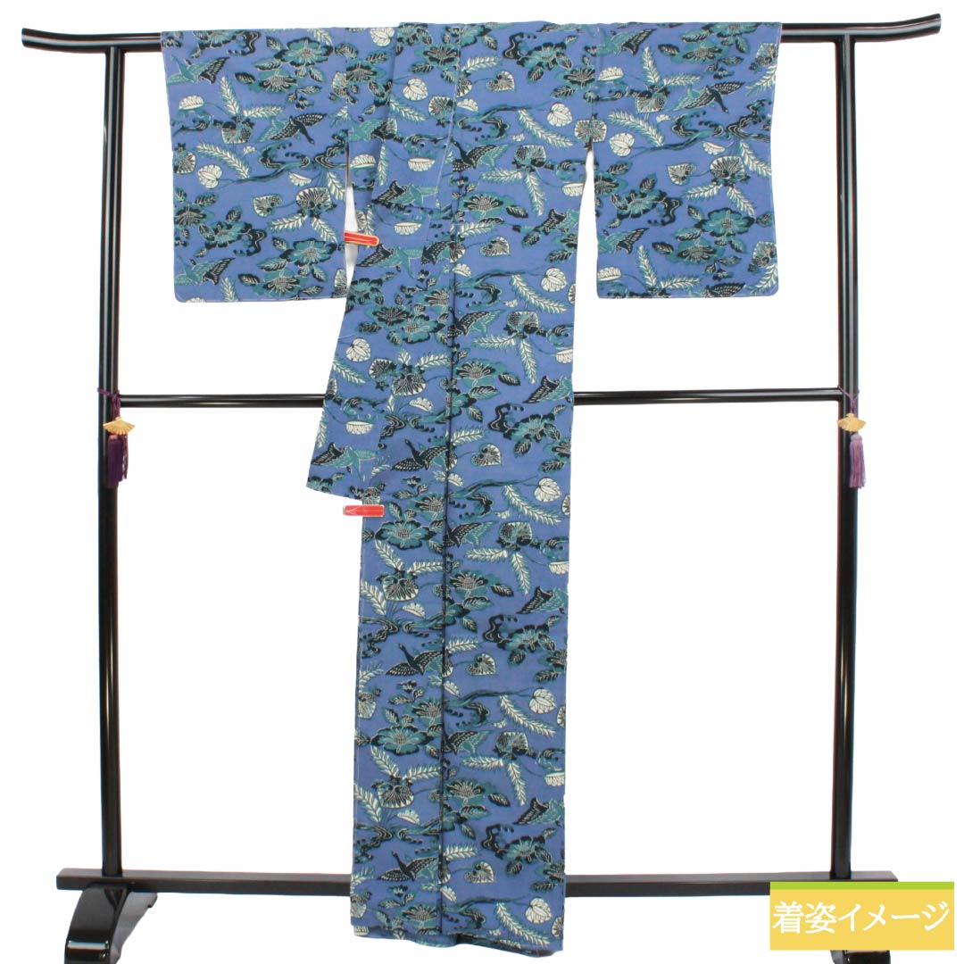 小紋 正絹 Aランク 身丈164cm 裄丈66cm 袷 紺藤色（こんふじいろ） 型染 葵 鶴 紫系 1115008273420