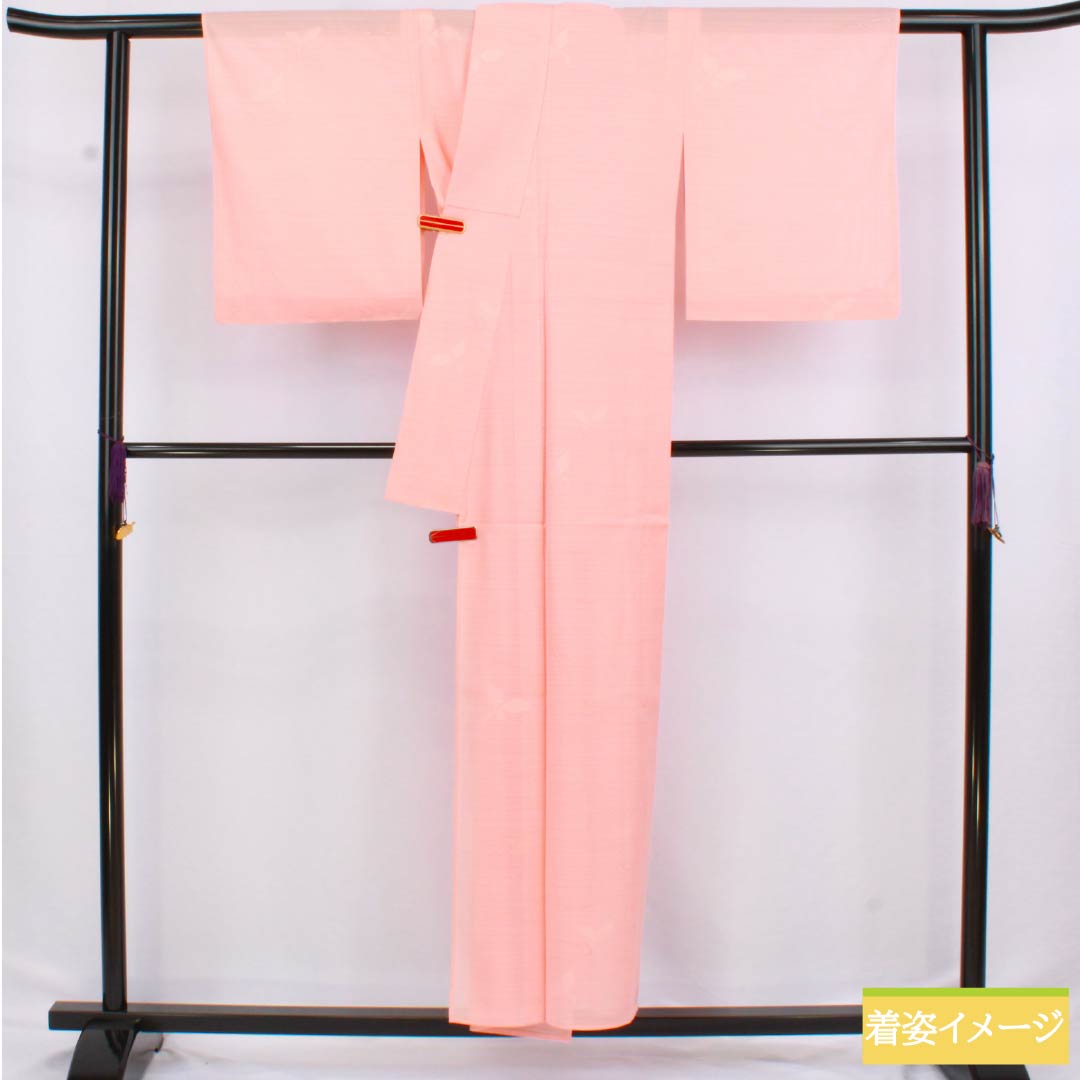 夏物 正絹 小紋 身丈154cm 裄丈63cm 淡紅赤色（うすべにあかいろ） 紋絽 草木模様 絽 Sランク ピンク系 1132002852213