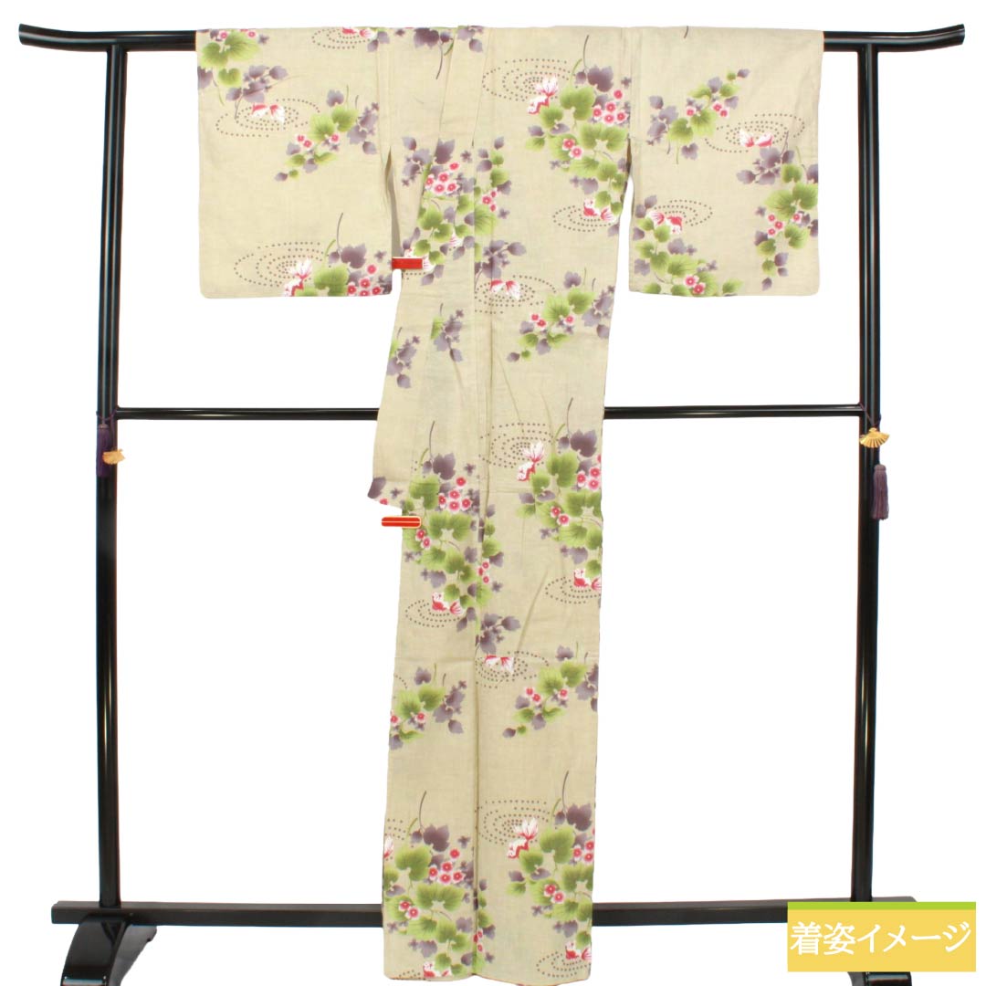 浴衣 木綿 Sランク 身丈165.5cm 裄丈67cm 蕎麦切色（そばきりいろ） 金魚 草花模様 単衣 ベージュ系 1118007162525