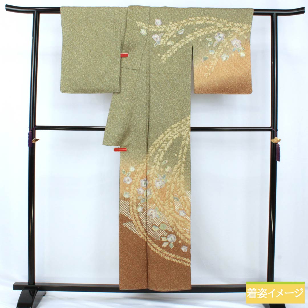 Visiting Kimono, Pure Silk, S-Rank, Lined, Length 155cm, Sleeve Length 64.5cm, Rikyu Nama Kabeiro (Rikyu Nama Kabeiro) Pattern, Shibori, Tsujigahana Pattern, Artist's Work, Green, 1112006862319