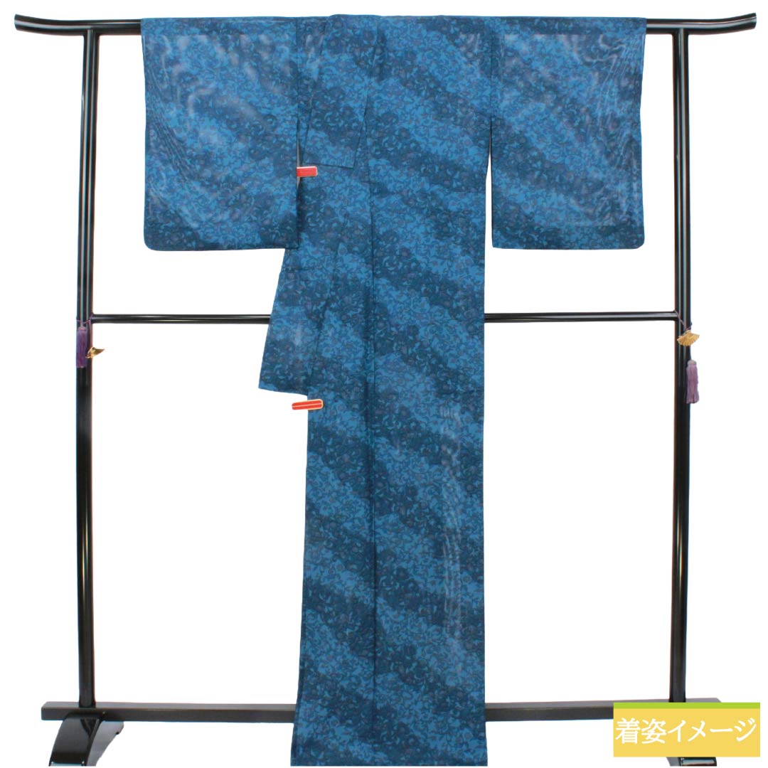 夏物 ポリエステル 小紋 Aランク 身丈167cm 裄丈66cm 甕覗色（かめのぞきいろ） 洗える着物 更紗模様 絽 青系 1132006103517
