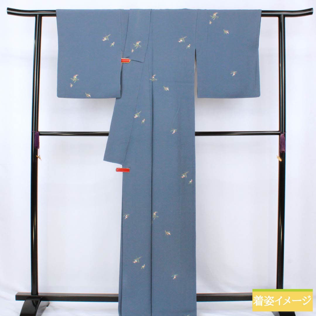 小紋 正絹 Aランク 身丈165cm 裄丈68cm 袷 裏色（うらいろ） 小花 ちりめん地 パールトーン加工 青系 1115007293517