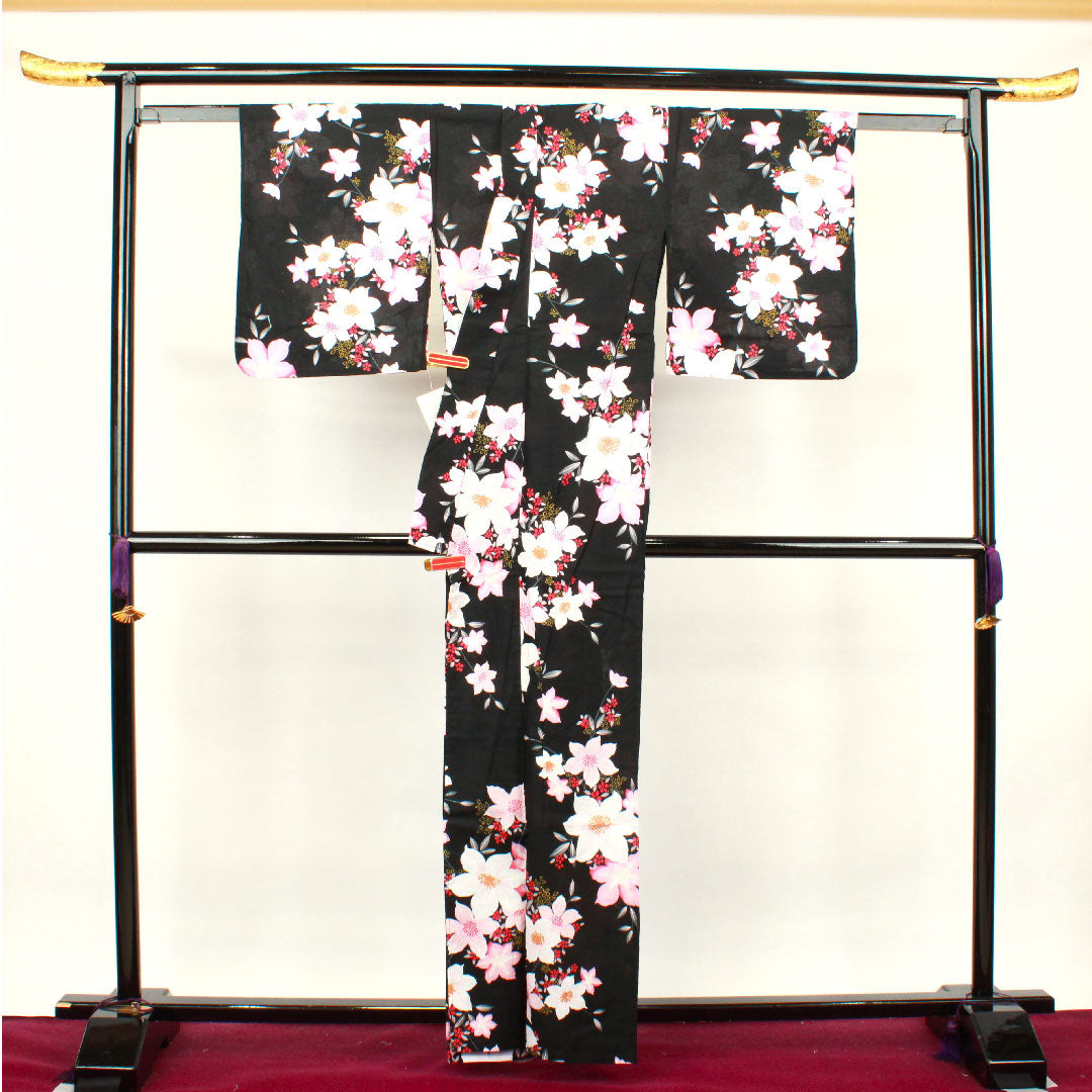 浴衣 花模様 木綿 Sランク 単衣 身丈162cm 裄丈67cm 黒系 1118001162410