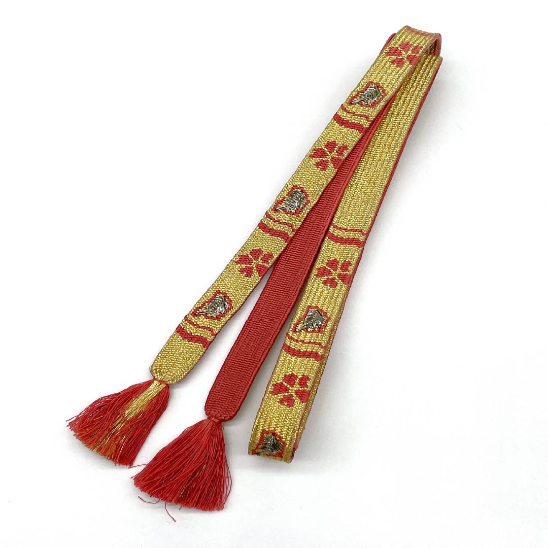 帯締め 正絹 Sランク  長春色（ちょうしゅんいろ） 抽象模様   長さ約157cm 幅約1.5cm 振袖用 朱系 1135006292316