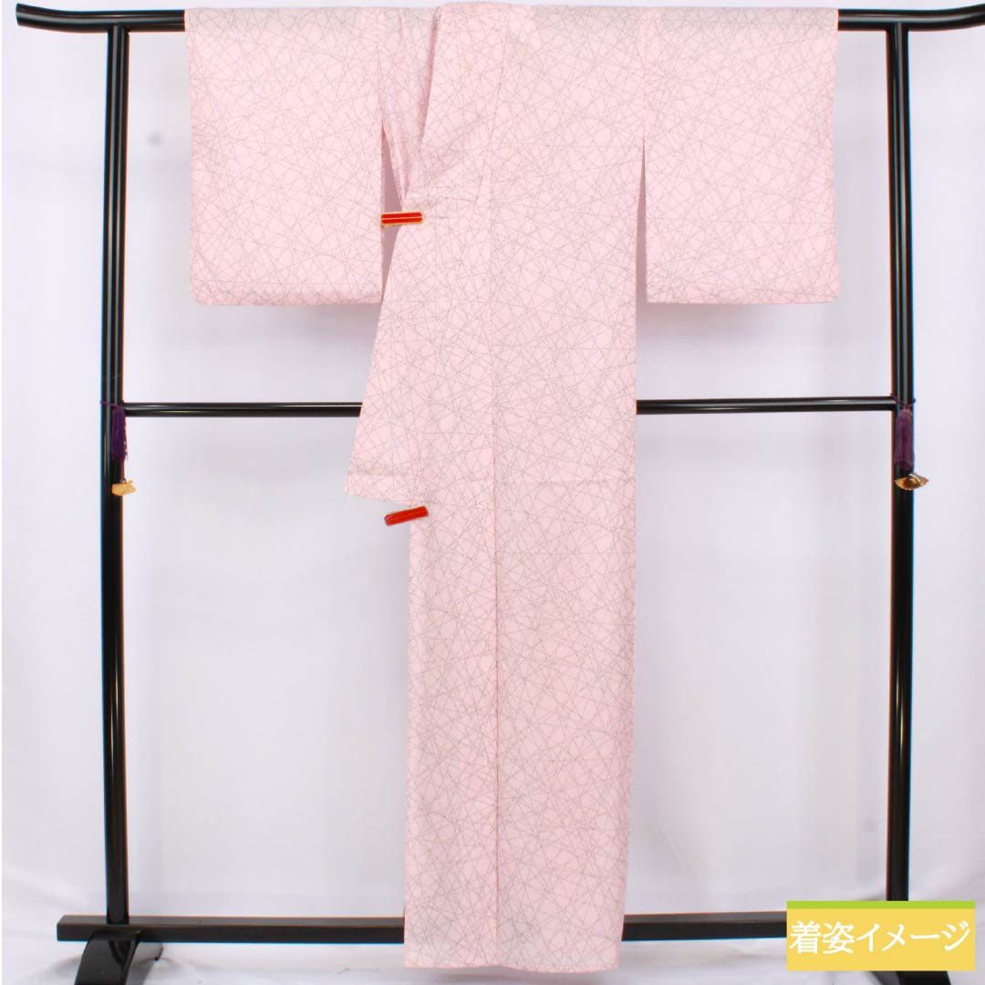 夏物 ポリエステル 小紋 身丈159.5cm 裄丈64cm 曙色（あけぼのいろ） 点 線 洗える着物 絽 Bランク ピンク系 1132002464313