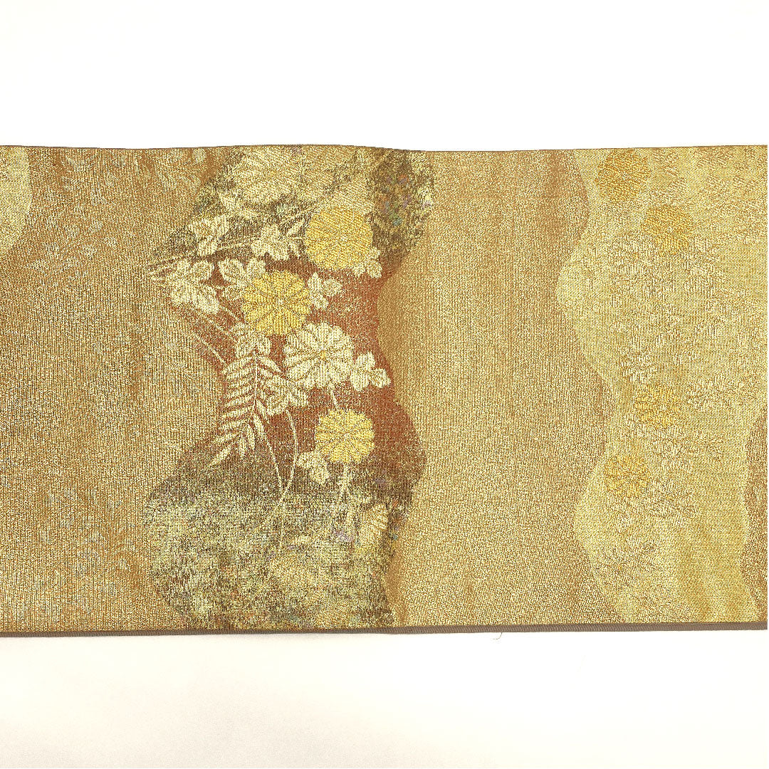 Fukuro Obi (traditional Japanese kimono sash), classic pattern, floral motif, obi length 430cm, pure silk, A rank, six-pass, formal, gold, 1123002723321