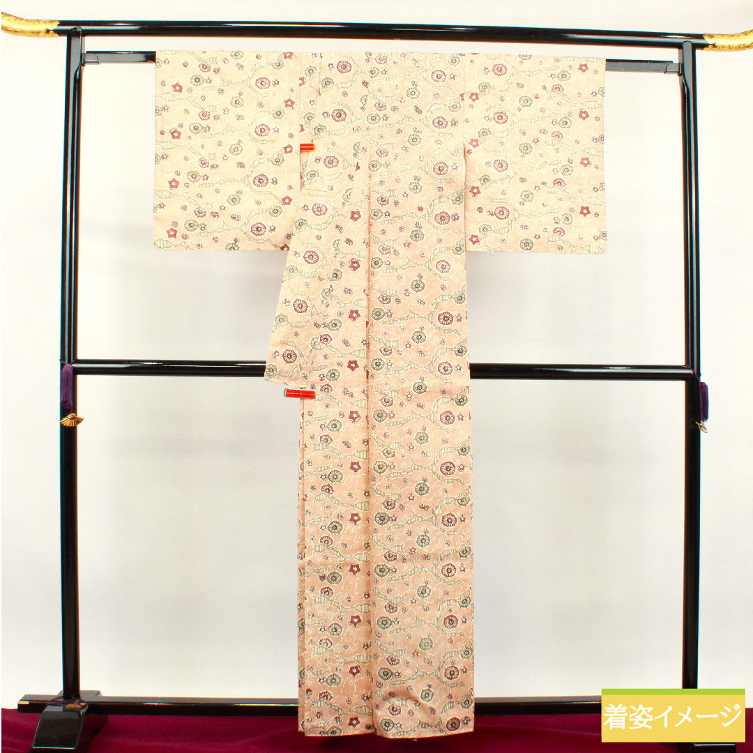 小紋 正絹 身丈160cm 裄丈66cm 袷  乙女色 紬地 京紅型 抽象模様  Sランク ピンク系 1115003532413