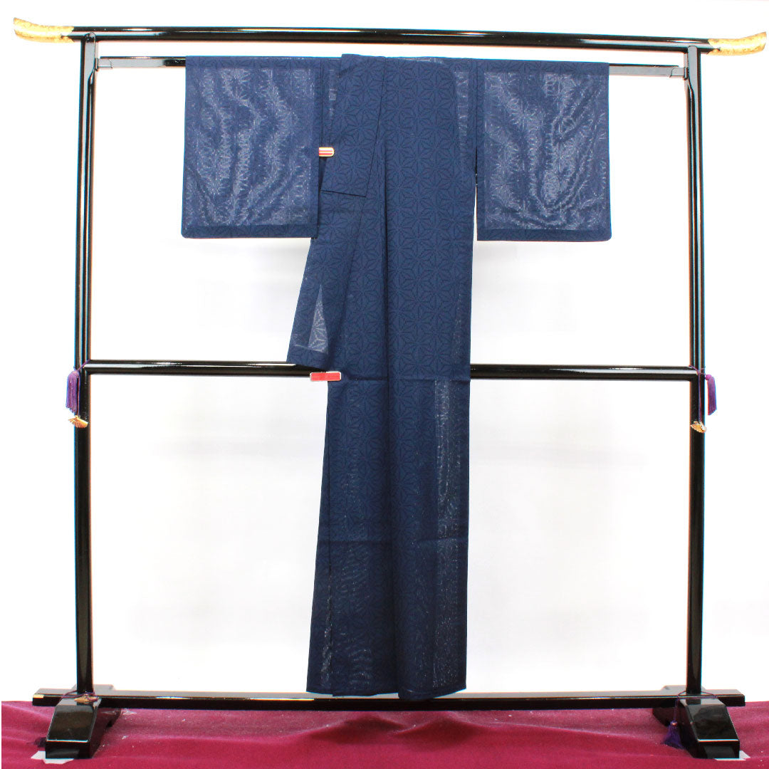 Summer item, pure silk, plain color, length 153cm, sleeve length 64cm, dark blue, hemp leaf pattern, gauze, S rank, navy blue, 1132000982218