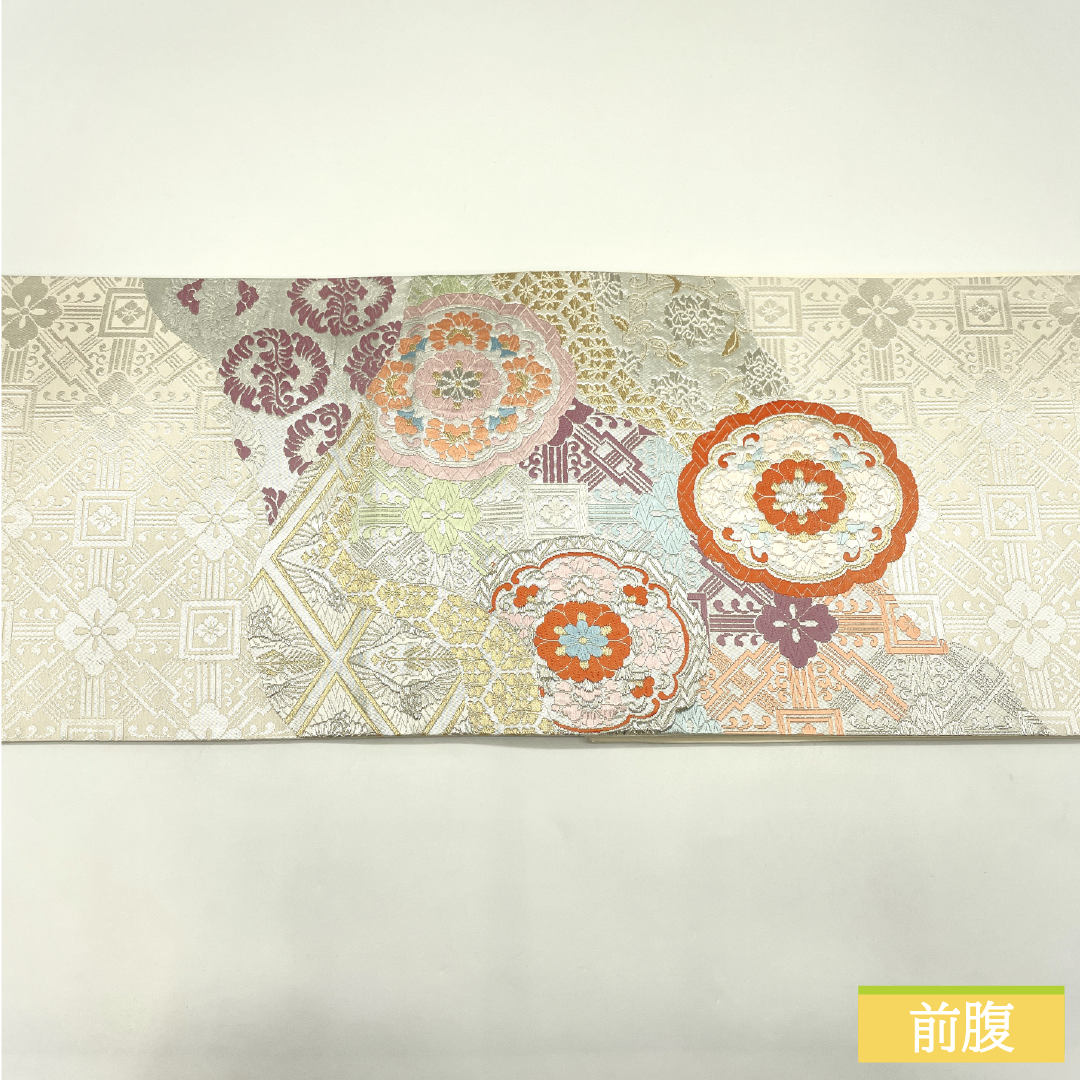 袋帯 正絹 Sランク 吉祥文様 西陣織 帯丈428cm ポイント柄 フォーマル 銀系 1123017332322