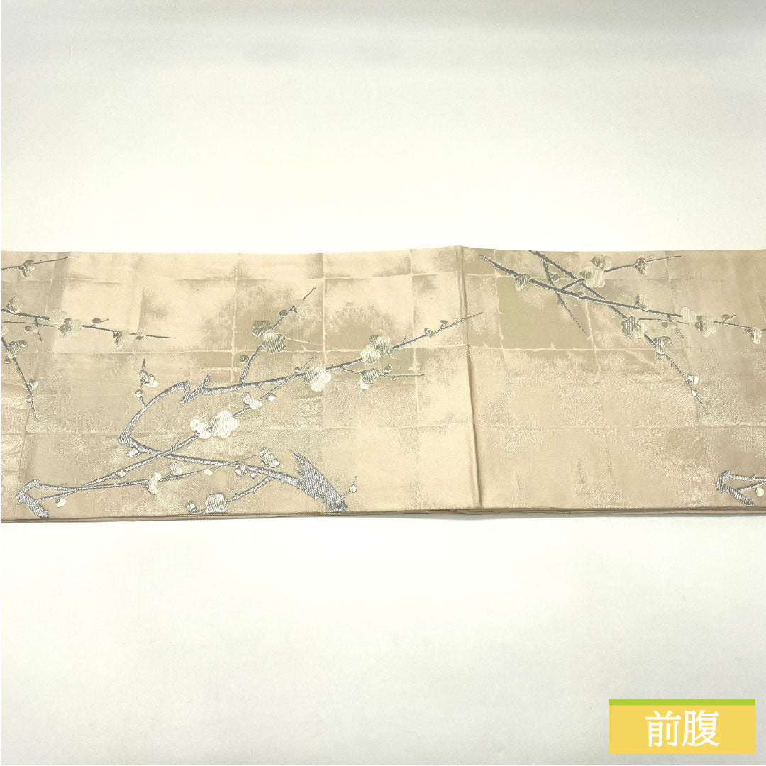 袋帯 ポリエステル Aランク 白茶色（しらちゃいろ） 梅 帯丈426cm 六通 フォーマル ピンク系 1123016053313