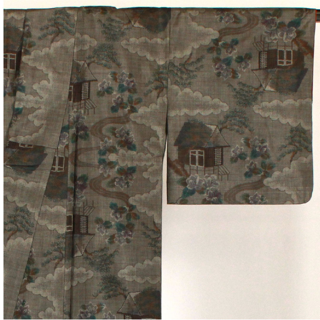 Oshima Tsumugi, Length 161cm, Sleeve length 64cm, Warp and weft ikat, Landscape pattern, Pure silk, S rank, Awase, Brown, 1116001232414