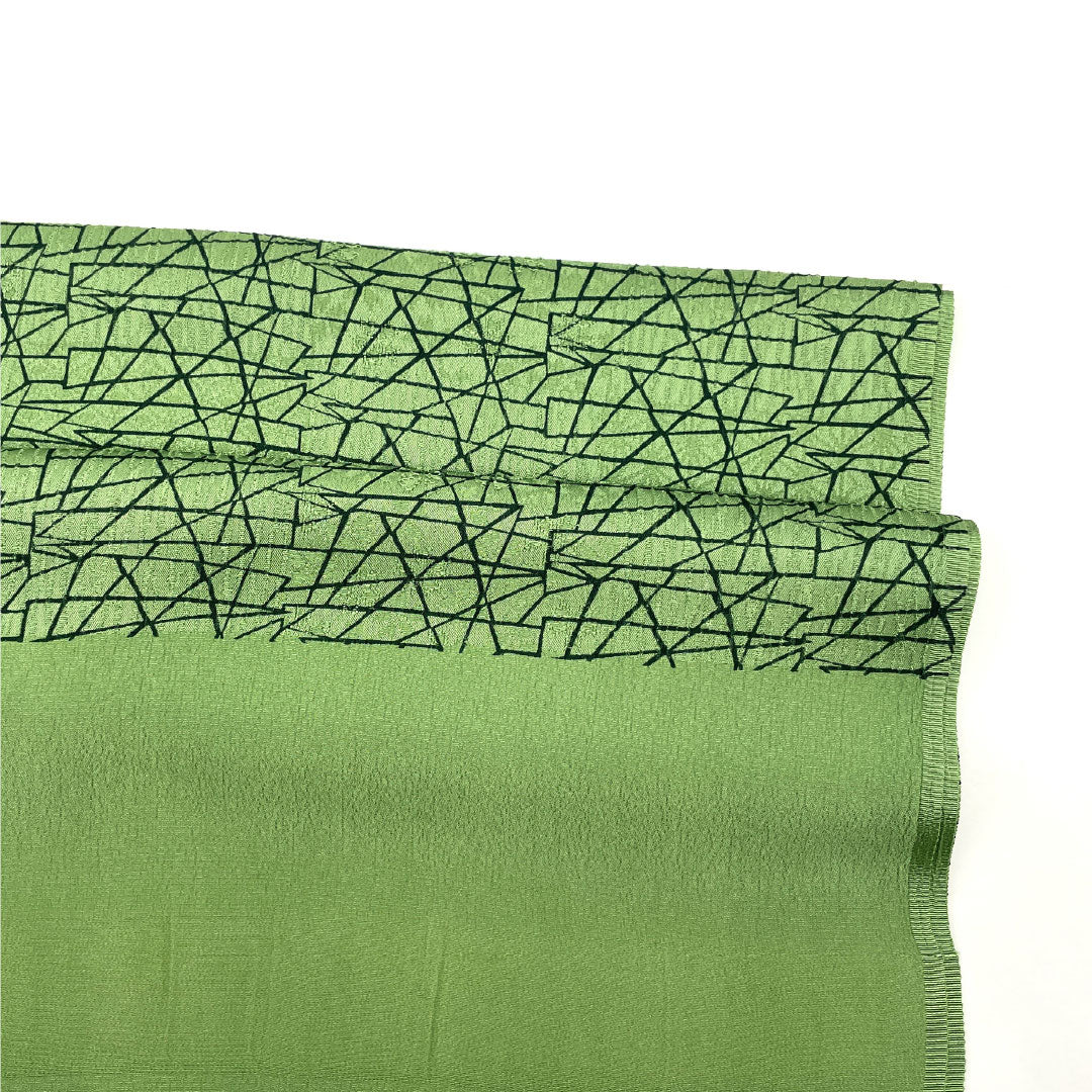 (Like New) Silk Obiage (Sash) - New, Casual, Bushukan Color, Geometric Pattern with Cherry Blossoms and Hemp Leaves, Approximately 182cm Long, 30cm Wide, Green, Item Number: 1136001121919