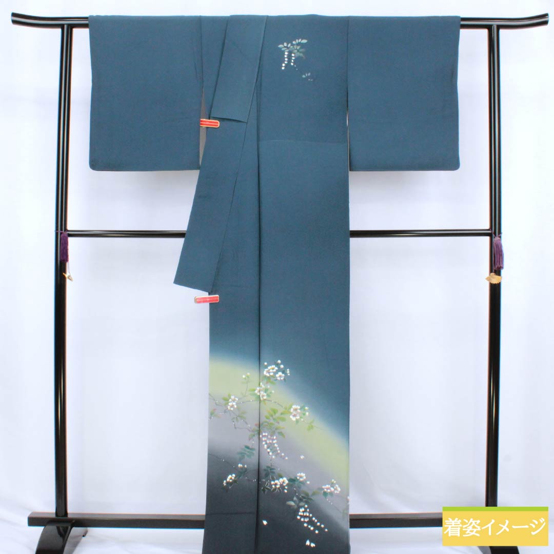 訪問着 正絹 Aランク 袷 身丈165.5cm 裄丈67cm 裏色（うらいろ） 京友禅 付下げ 草花 青系 1112006773517