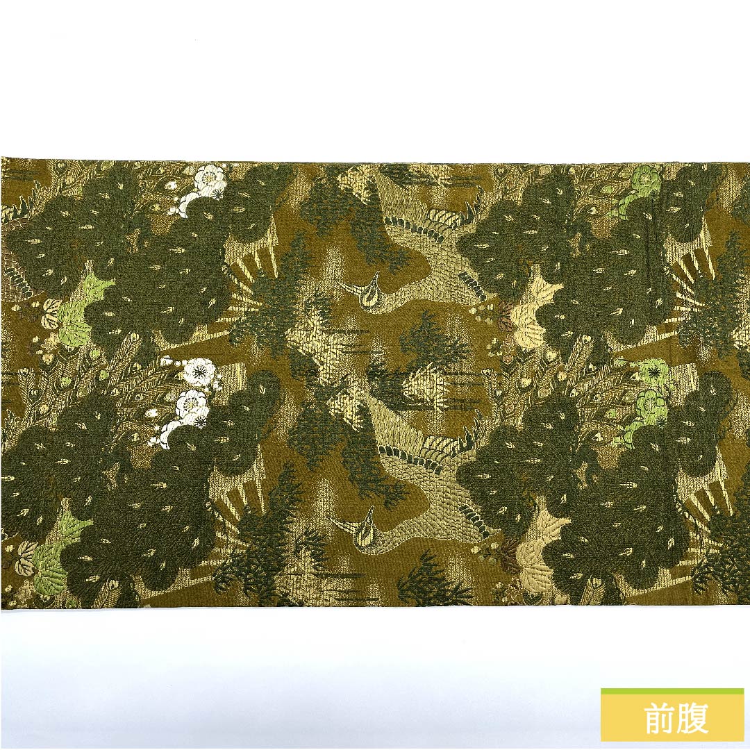袋帯 正絹 路考茶色（ろこうちゃいろ） 丸帯 孔雀 松竹梅 扇面 帯丈394cm Sランク 全通 フォーマル 黄系 1123011282323